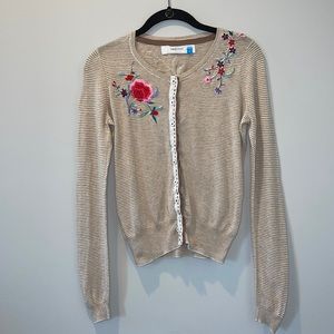 Sparrow Anthropologie Cardigan Sweater Striped Embroidered Floral Button Up S